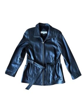 Valerie Stevens Leather Black Jacket Coat Full Zip Belted Soft Lined
